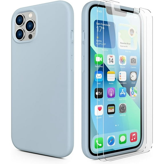CellEver Heavy-Duty Silicone Case for iPhone 13 Pro Max - Two Shatterproof Glass Screen Protectors, Military Drop Protection, Scratch-Free Interior, Light Blue