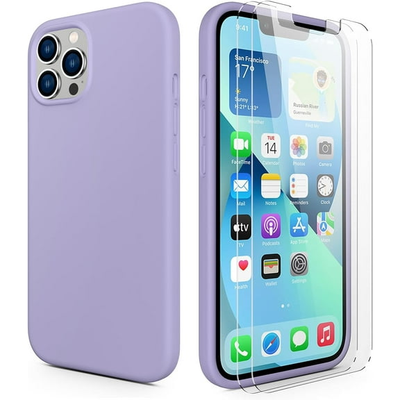 CellEver Heavy-Duty Silicone Case for iPhone 13 Pro Max - Two Shatterproof Glass Screen Protectors, Military Drop Protection, Scratch-Free Interior, Light Purple