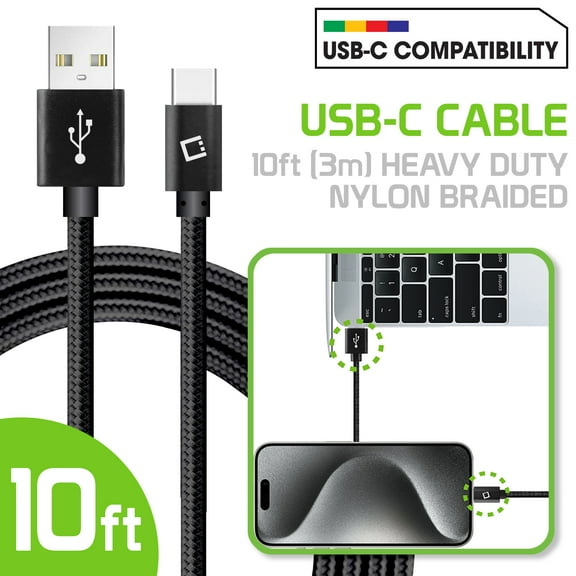 Cellet 10 FT Heavy-Duty Nylon Braided USB-C Data Sync and Charge Cable - Black