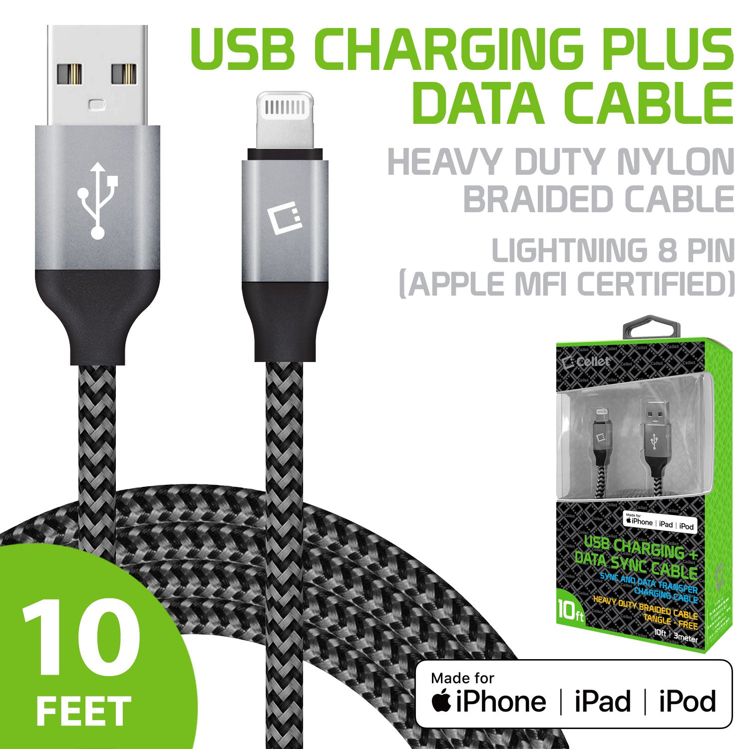 Cellet 10 Feet Apple MFi Certified Lightning 8-Pin to USB Charging Data Sync Cable for iPhone / iPad / AirPods / iPod - image 1 of 9