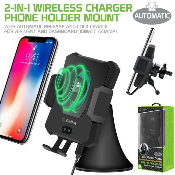 Cellet 10Watt / 2.1Amp 2-in-1 Wireless Charging Phone Holder Mount with Automatic Release and Lock Cradle for Air Vent and Dashboard