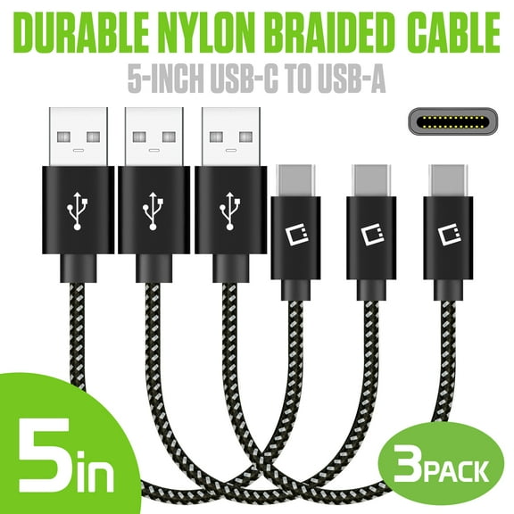 Cellet 3-Pack 5-Inch USB-C to USB-A Short Charging Cables | Nylon Braided Fast Charge & Data Sync