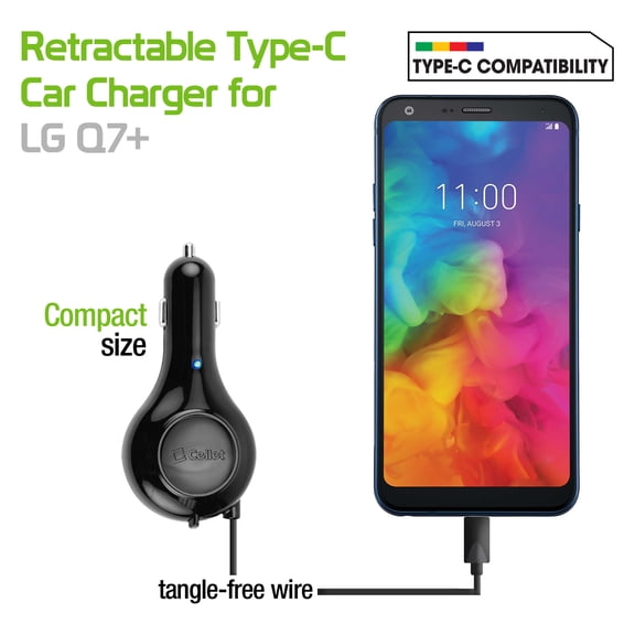 Cellet 3Amp / 15Watt USB Type-C Retractable Car Charger for LG Q7+ / Q7 Plus