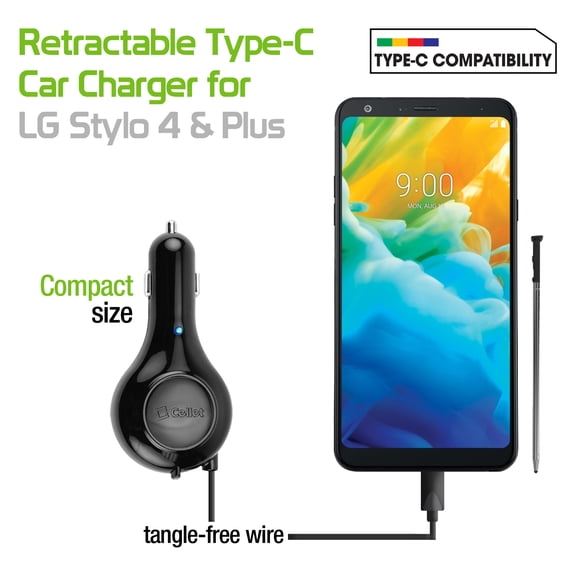 Cellet 3Amp / 15Watt USB Type-C Retractable Car Charger for LG Stylo 4 & Stylo 4 Plus
