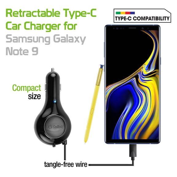 Cellet 3Amp / 15Watt USB Type-C Retractable Car Charger for Samsung Galaxy Note 9