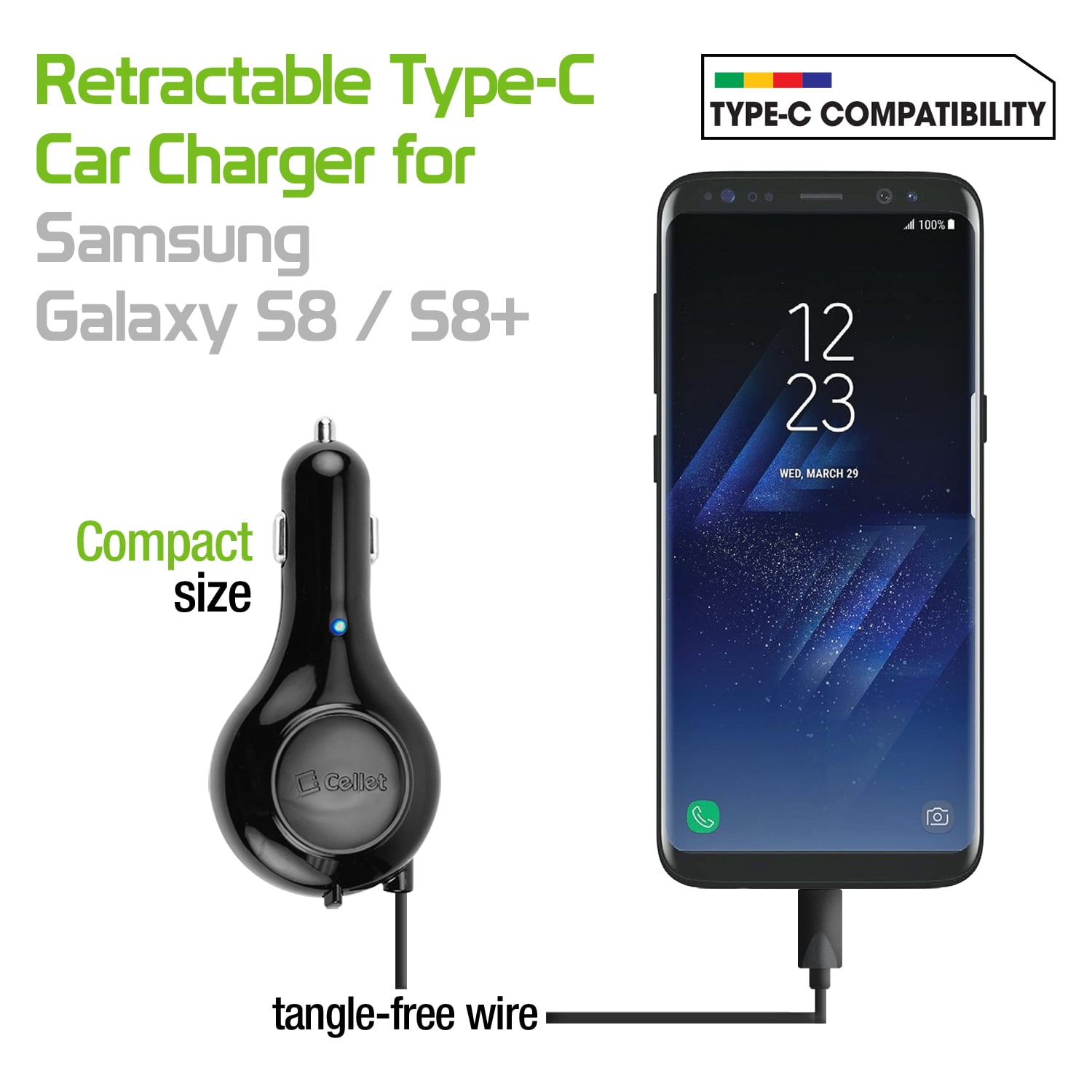 Cellet 3Amp / 15Watt USB Type-C Retractable Car Charger for Samsung Galaxy S8 / S8+ / S8 Plus