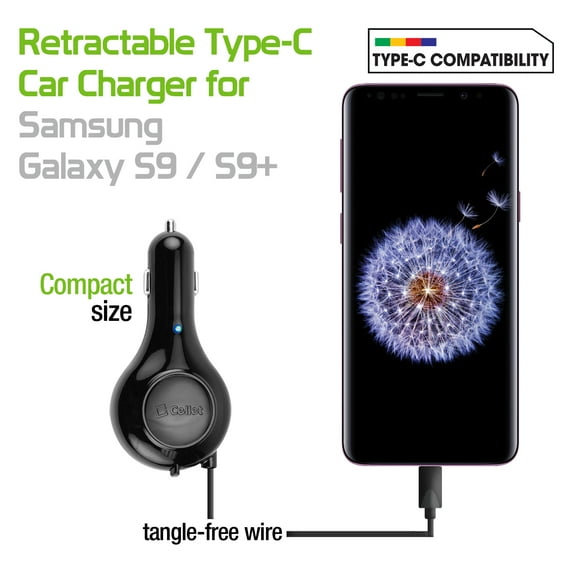 Cellet 3Amp / 15Watt USB Type-C Retractable Car Charger for Samsung Galaxy S9 / S9+ / S9 Plus