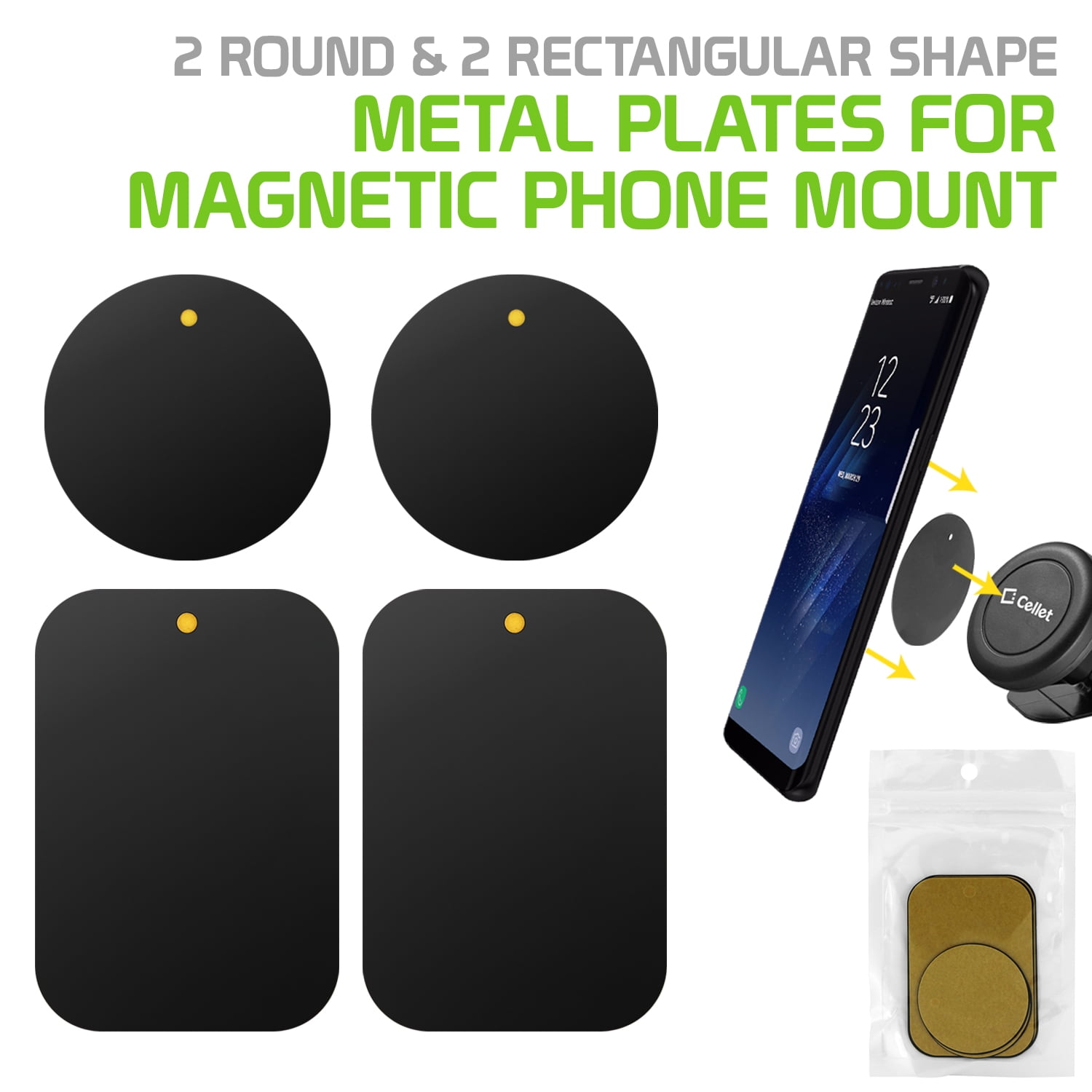 Mount Metal Plate for Cell Phone Magnet Holder Magnetic Car Mount with  Strong Adhesive Sticker, 2 Round and 2 Rectangle Black