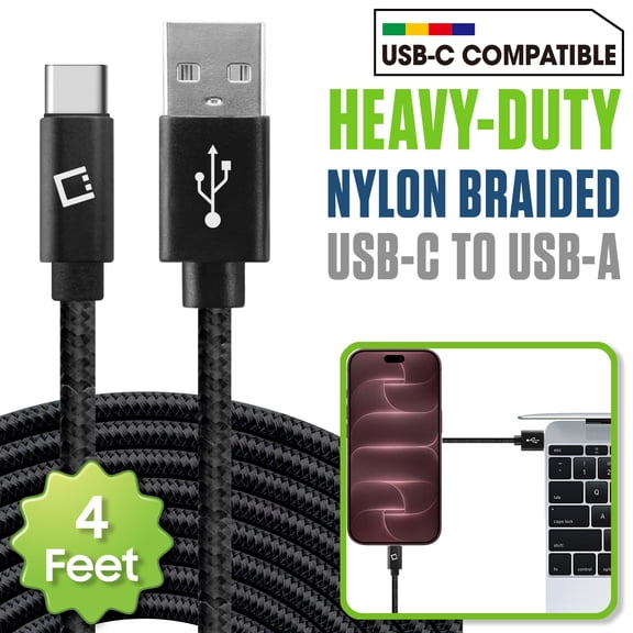 Cellet 4ft USB-C to USB-A Charging & Data Sync Cable, Heavy-Duty Nylon Braided, 3.5mm Thick Durable Cord, Reversible USB-C Connector, Compatible with iPhone, Galaxy, Pixel & More