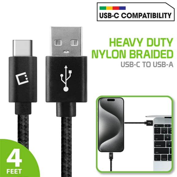 Cellet 4-ft Heavy-Duty Braid USB-C to USB-A Data/Charging Cable Compatible with Apple iPhone 15 Series iPad Pro 11/12.9/MacBook Android Samsung Galaxy Google PixelCharging; Data Transfer