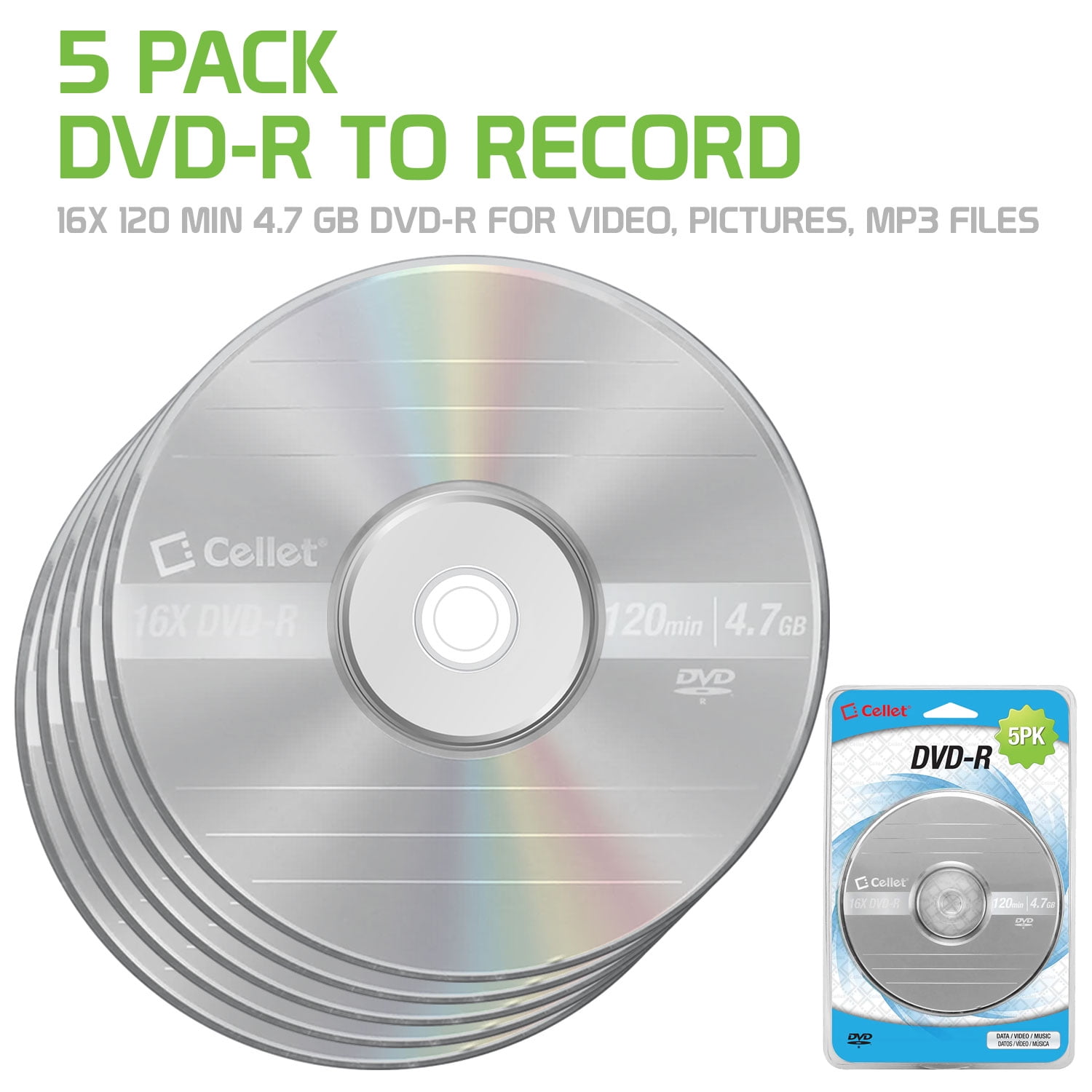 berømmelse Misbrug Virus Cellet 5-Pack DVD+R 4.7GB 16X Optical Recordable Media Blank Disc for  Video, Pictures, MP3 Files - Walmart.com