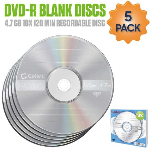 Cellet 4.7GB 16X DVD-R Blank Discs 120 Min Recordable Disc - 5 Pack
