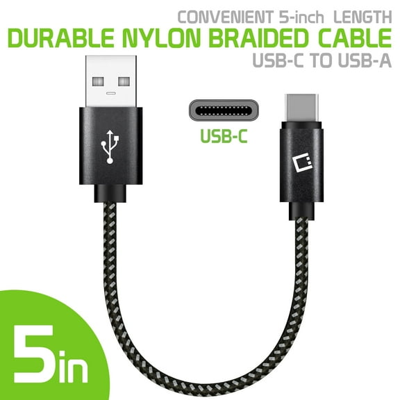 Cellet 4" Premium Nylon Braided Fast charging Type-C Cable for Samsung Galaxy Note 8, Galaxy S8, S8 Plus and Other Android Devices - Black