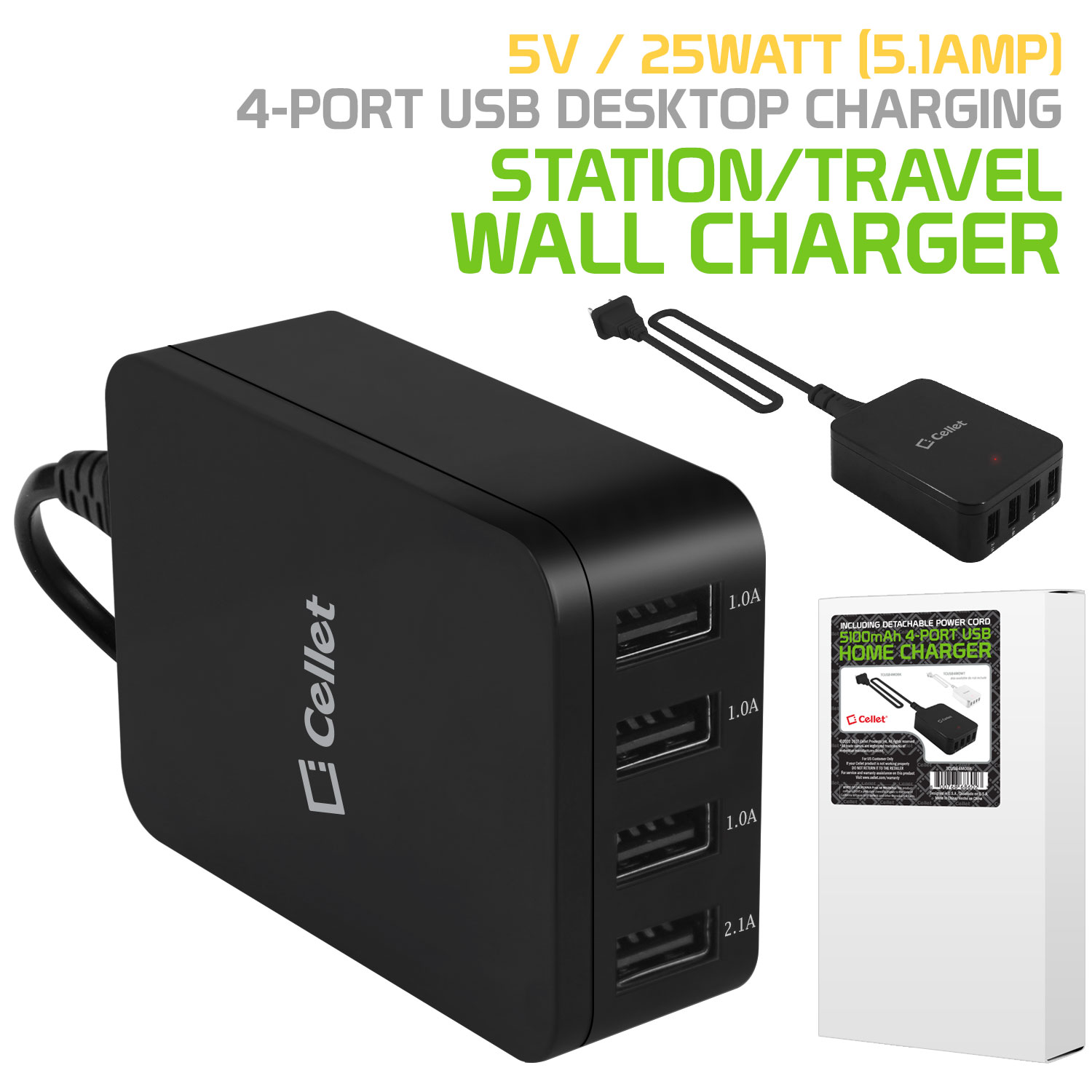 Cellet 5V / 25Watt (5.1Amp) 4Port USB Desktop Charging Station/Travel Wall Charger Black - image 1 of 9