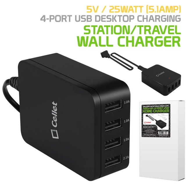 Cellet 5V / 25Watt (5.1Amp) 4Port USB Desktop Charging Station/Travel Wall Charger Black