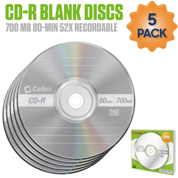 Cellet CD-R 5-Pack – 700MB 80-Minute Blank Discs, 52X Speed for Data, Music, and Photo Recording