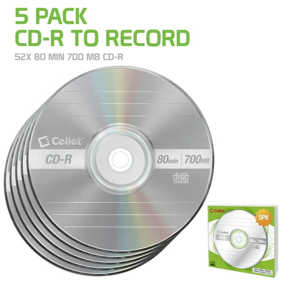 Cellet CD-R 5-Pack – 700MB 80-Minute Blank Discs, 52X Speed for Data, Music, and Photo Recording