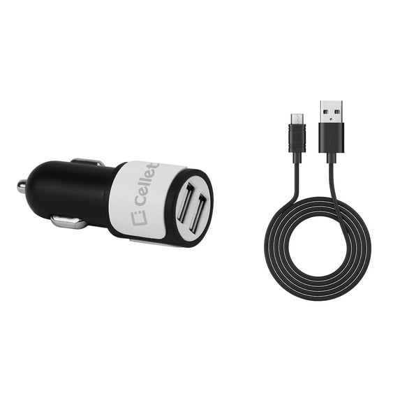 Cellet Car Charger for Motorola Moto e5 Cruise - High Power (10 Watt/2.1 Amp) Dual USB Port Car Charger with Detachable Micro USB Cable (4 feet) and Atom Cloth for Motorola Moto e5 Cruise