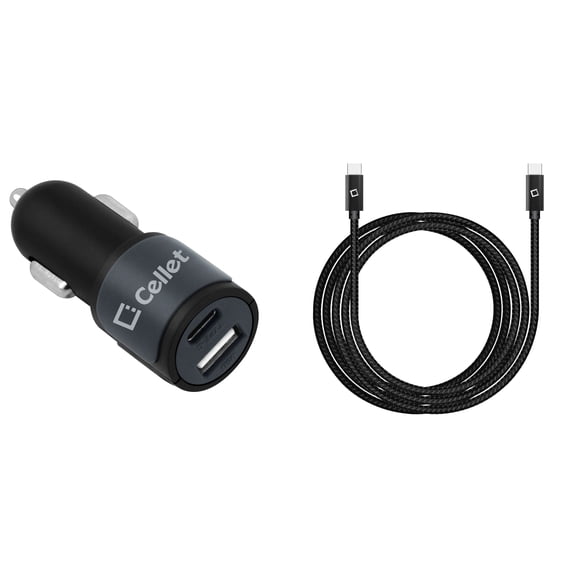 Cellet Car Charger for Cricket Debut Smart - 10W/2.1A High Powered Dual Port (USB-C and USB-A) Auto Power Adapter with Type-C to Type-C Cable - Grey