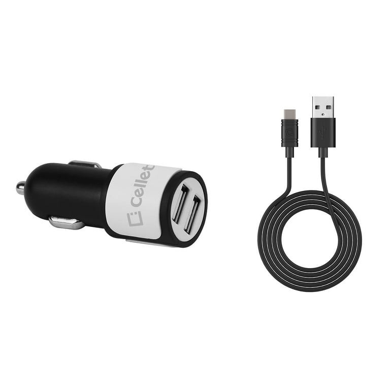 Cellet Car Charger for Iris Flip (Consumer Cellular) - 10W Dual USB Port  Auto Power Adapter (with Type-C to USB Cable) - White 