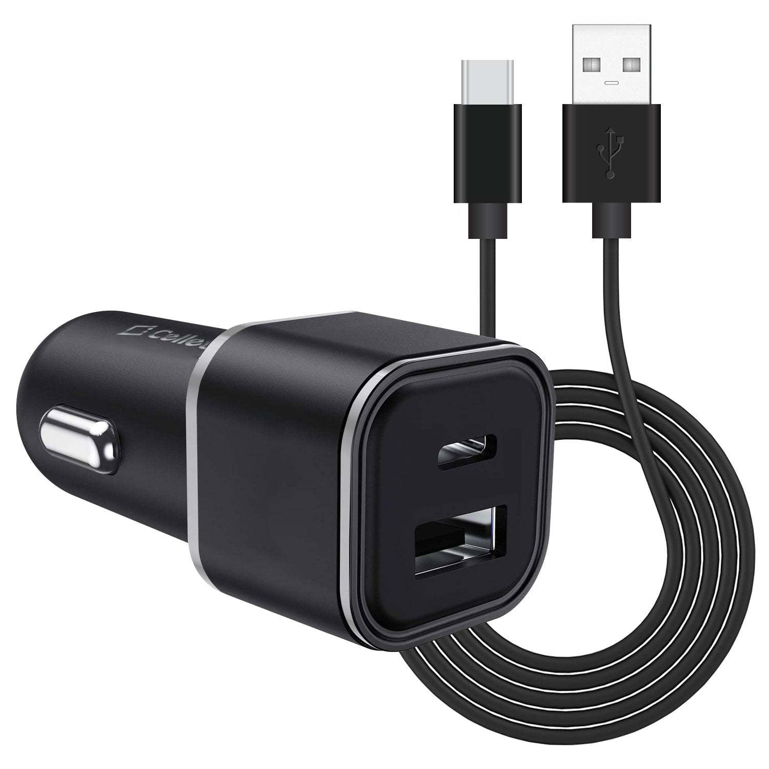 Cellet Car Charger for Samsung Galaxy A14 5G - 30W High Powered Dual Port (USB-C PD and USB-A) Auto Power Adapter with Type-C to USB Cable - Black