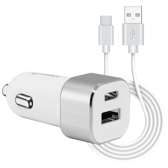 Cellet Car Charger for TCL 50 XL 5G - 30W High Powered Dual Port (USB-C PD and USB-A) Auto Power Adapter with Type-C to USB Cable - Silver/White