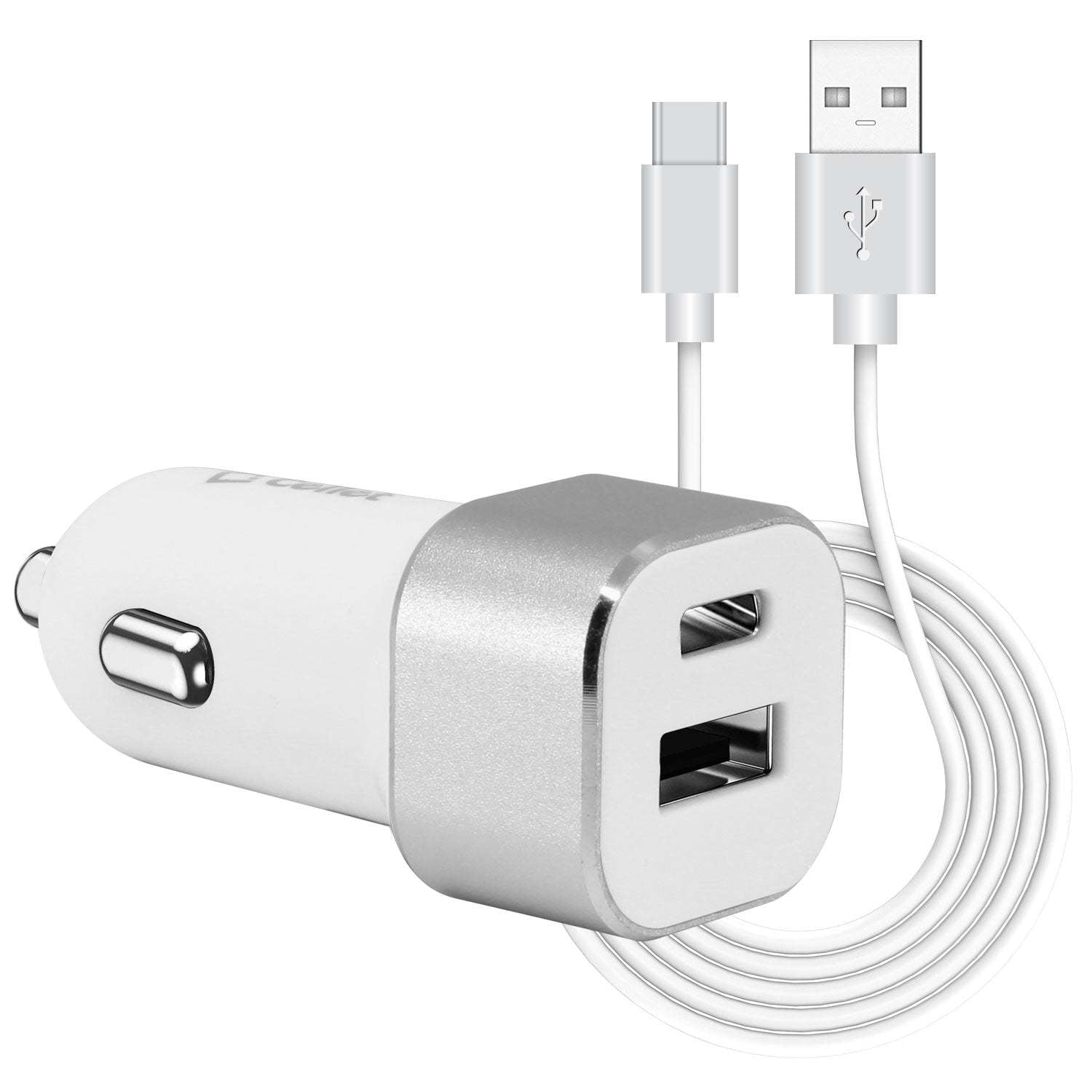 Cellet Car Charger for iPhone 15 Pro Max - 30W High Powered Dual Port (USB-C PD and USB-A) Auto Power Adapter with Type-C to USB Cable - Silver/White