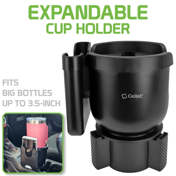 Cellet Car Cup Holder Expander with Adjustable Base & Phone Holder, Fit Big Bottles 3.5 Inch