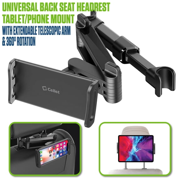 Cellet Car Headrest Tablet Mount, Universal Backseat Phone & iPad Holder with 360 Swivel and Extendable Arm