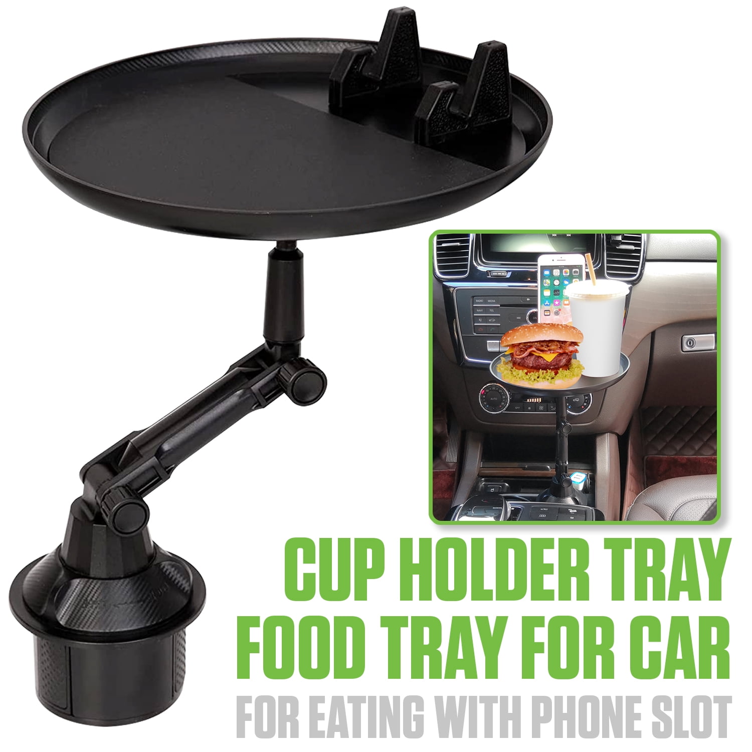 Cellet Cup Holder Tray Table, Adjustable Cup Holder Food Tray for Eating and Entertainment with a Phone Holder, 360 Degree Rotation and Non-Slip Mat for Cars, Boats, Golf Carts and More
