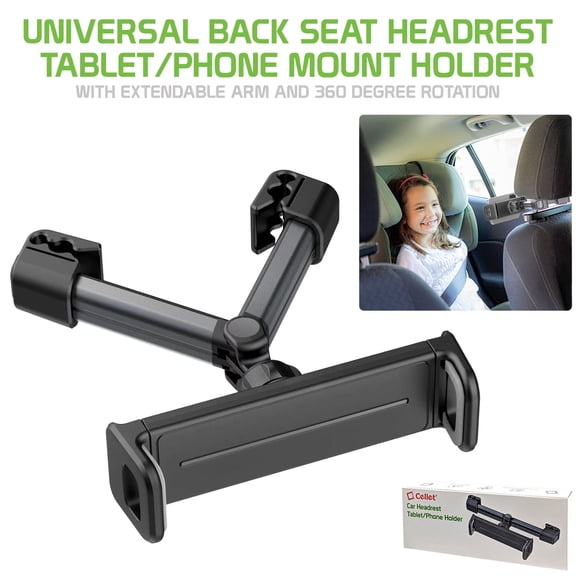 Cellet Enhanced Universal Back Seat Headrest Mount: Extendable Arm, 360 Rotation for Apple iPad, iPhones, and More (Up to 8" Screens)