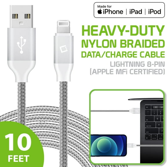 Cellet Heavy-Duty Nylon Braided Lightning Cable 10FT (Apple MFi Certified) Compatible with iPhone / iPad / AirPods / iPod