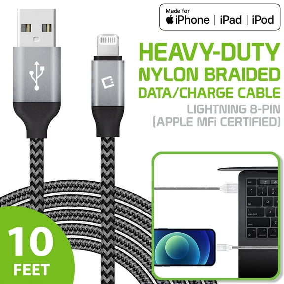 Cellet Heavy-Duty Nylon Braided Lightning Cable 10FT (Apple MFi Certified)