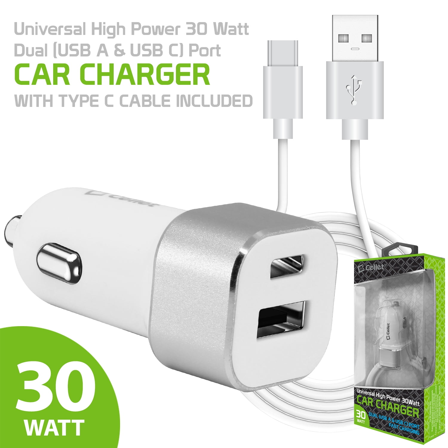 Cellet High Power 30 Watt Dual USB-C USB-A Port Car Charger with