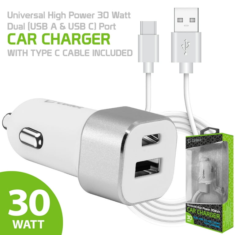 Cellet High Power 30 Watt Dual USB-C & USB-A Port Car Charger with USB-C Cable Included