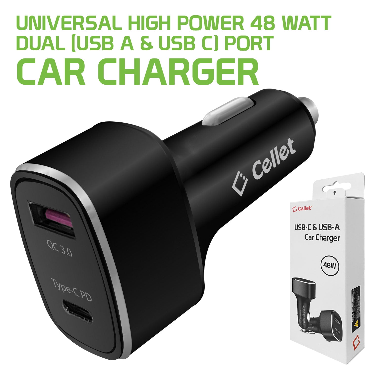 Cellet High Power 48 Watt Dual USB-C & USB-A Car Charger Compatible with Apple iPhone iPad AirPods Samsung Galaxy Google Pixel