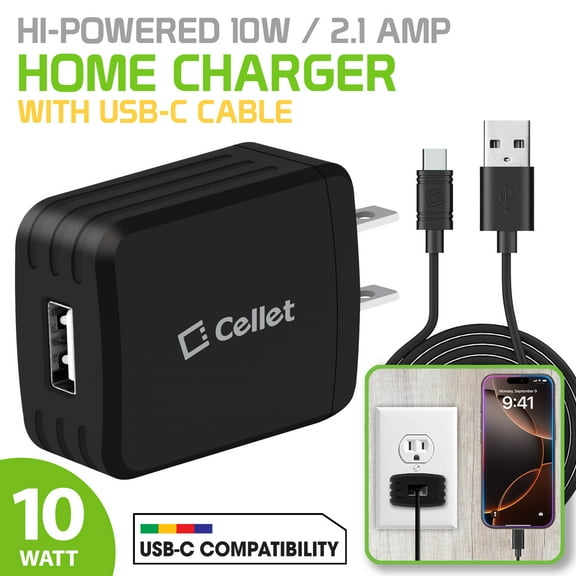 Cellet High Power USB Home Charger, 10 Watt / 2.1Amp USB Home Charger (USB-C Cable Included)