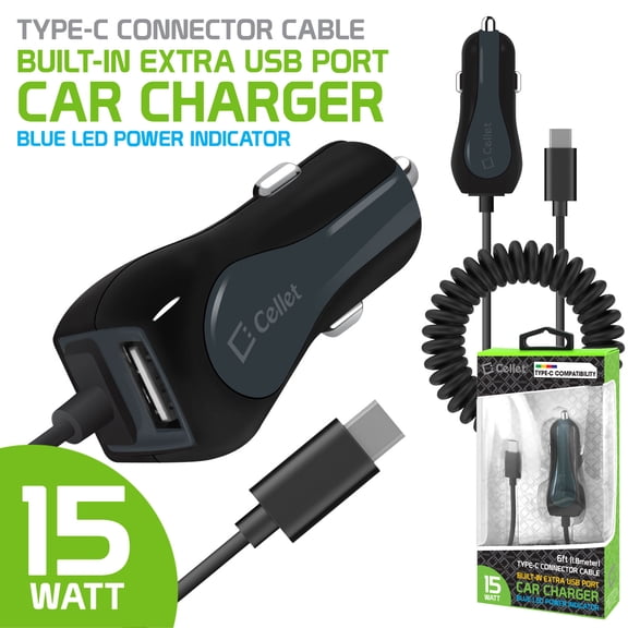 Cellet High Powered 3 Amp / 15 Watt USB-C USB Car Charger with Extra USB Port & Attached 6ft Coiled Cable