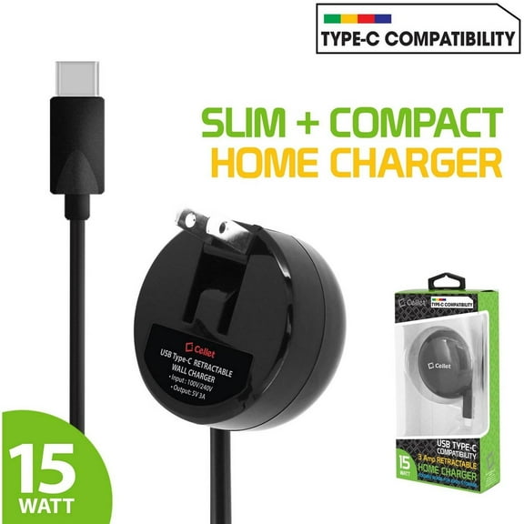 Cellet High Powered 3Amp / 15Watt USB Type-C Retractable Home Charger for LG G5, Nexus 5X, Nexus 6P, Nokia Lumia 950/950 XL, OnePlus 2, Samsung Galaxy Note 7