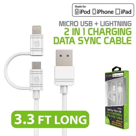 Cellet Micro USB- Apple MFI Certified Lightning Cable Combo, Compatible for Apple iPhone Xs/Max/Xr/X/SE/8/7/6/5 iPad/Pro/Air/Mini 4,3,2,1, iPod Touch, Nano 7th and all lighting Device - 1 Meter White
