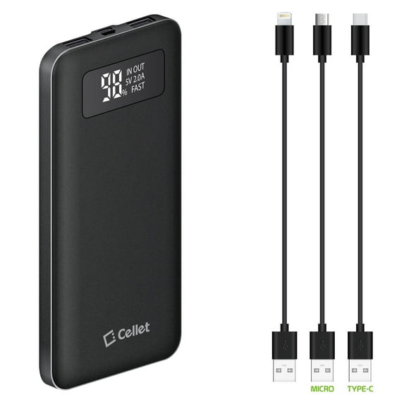 Cellet Portable Charger Power Bank, Ultra-Thin 10000mAh Power Bank with Digital Display Screen (Lightning, Type C and Micro USB Cable Included) – Black