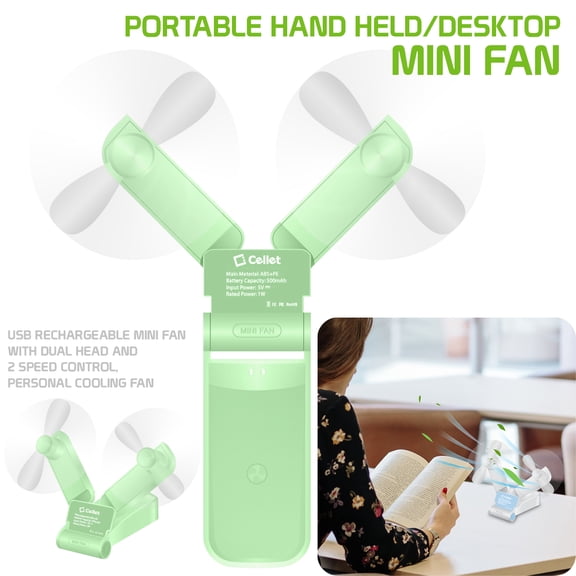 Cellet Portable Hand Held/Desktop USB Rechargeable Mini Fan with Dual Head and 2 Speed Control, Personal Cooling Fan for Camping Outdoor/Indoor Activities - Green