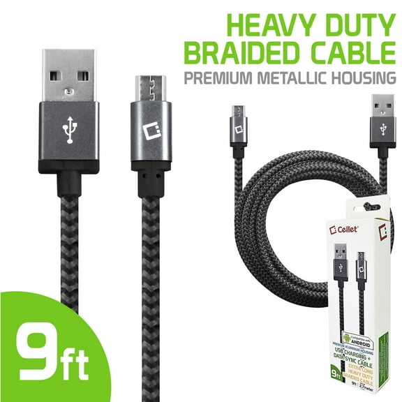 Cellet Premium Braided & Metallic Housing 9 Ft. Micro USB Charging / Data Cable