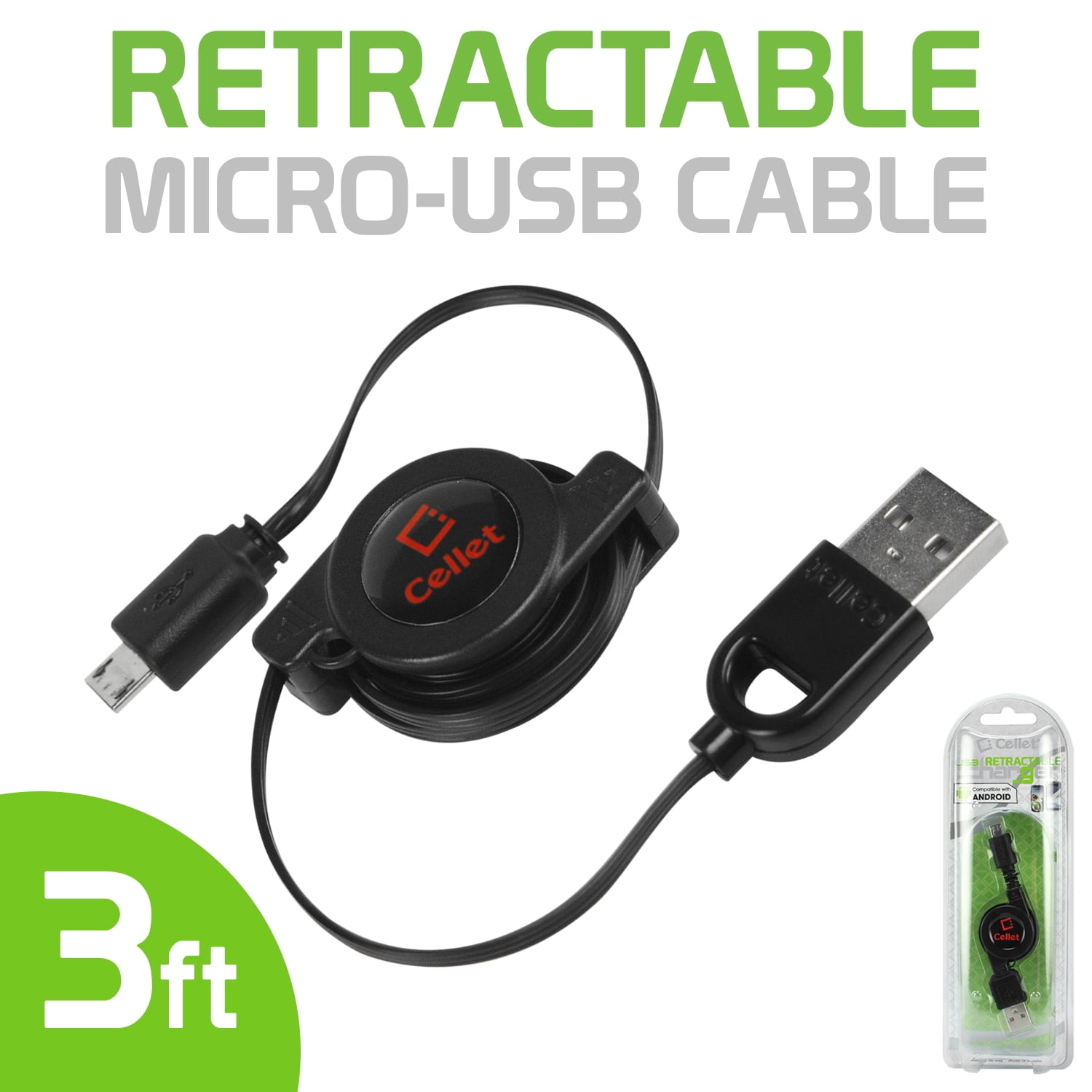 Cellet Retractable Micro-USB Cable – 3ft Charging and Sync Cable