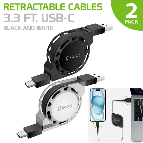 Cellet Retractable USB-C Data Sync and Charge Cables Compatible with Apple iPhone 15 Series, Samsung Galaxy S23 Ultra, Android devices and more