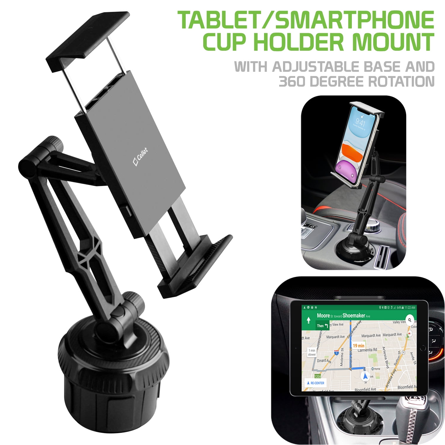 Cellet Tablet/Smartphone Cup Holder Mount, Heavy Duty Automobile Cup
