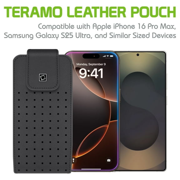 Cellet Teramo Leather Phone Holster with Belt Clip Compatible with iPhone 16 Pro Max, Samsung Galaxy S25 Ultra & Similar Sized Phones 360 Rotating Swivel Clip, Premium Leather Pouch with Magneti