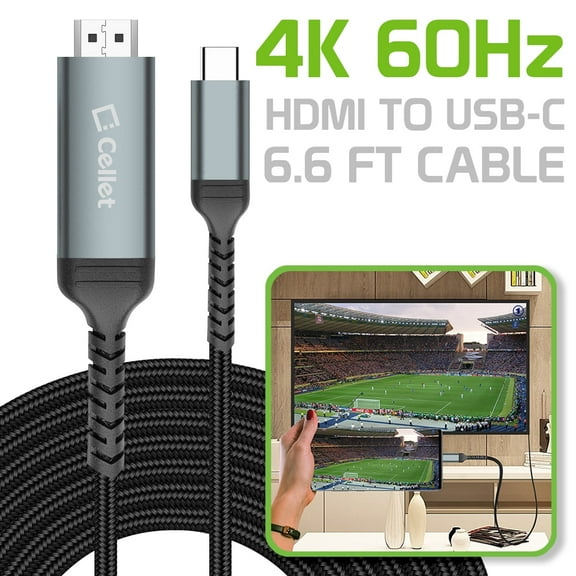 Cellet USB-C to HDMI Cable 6.6FT 4K 60Hz High-Speed Braided Cord Compatible with MacBook Pro/Air, iPad Pro, iPhone 16, Samsung, Dell XPS, Chromebook, Nintendo Switch, and More