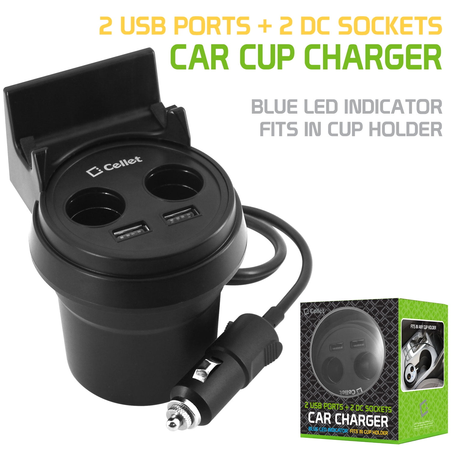 Cellet Universal Cigarette Lighter Adapter Car Cup Charger 2 Usb Ports 2 Socket Cigarette