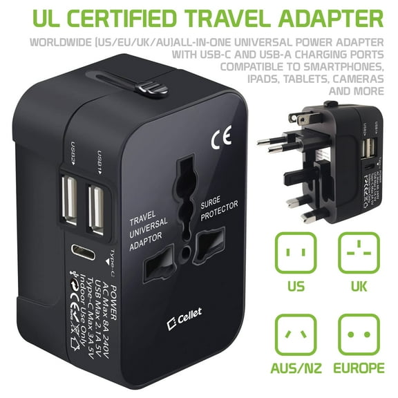 Cellet Universal Travel Adapter with USB-C & USB-A Ports, Worldwide Power Plug Converter for US, UK, EU, AUS – Surge Protector & UL Certified